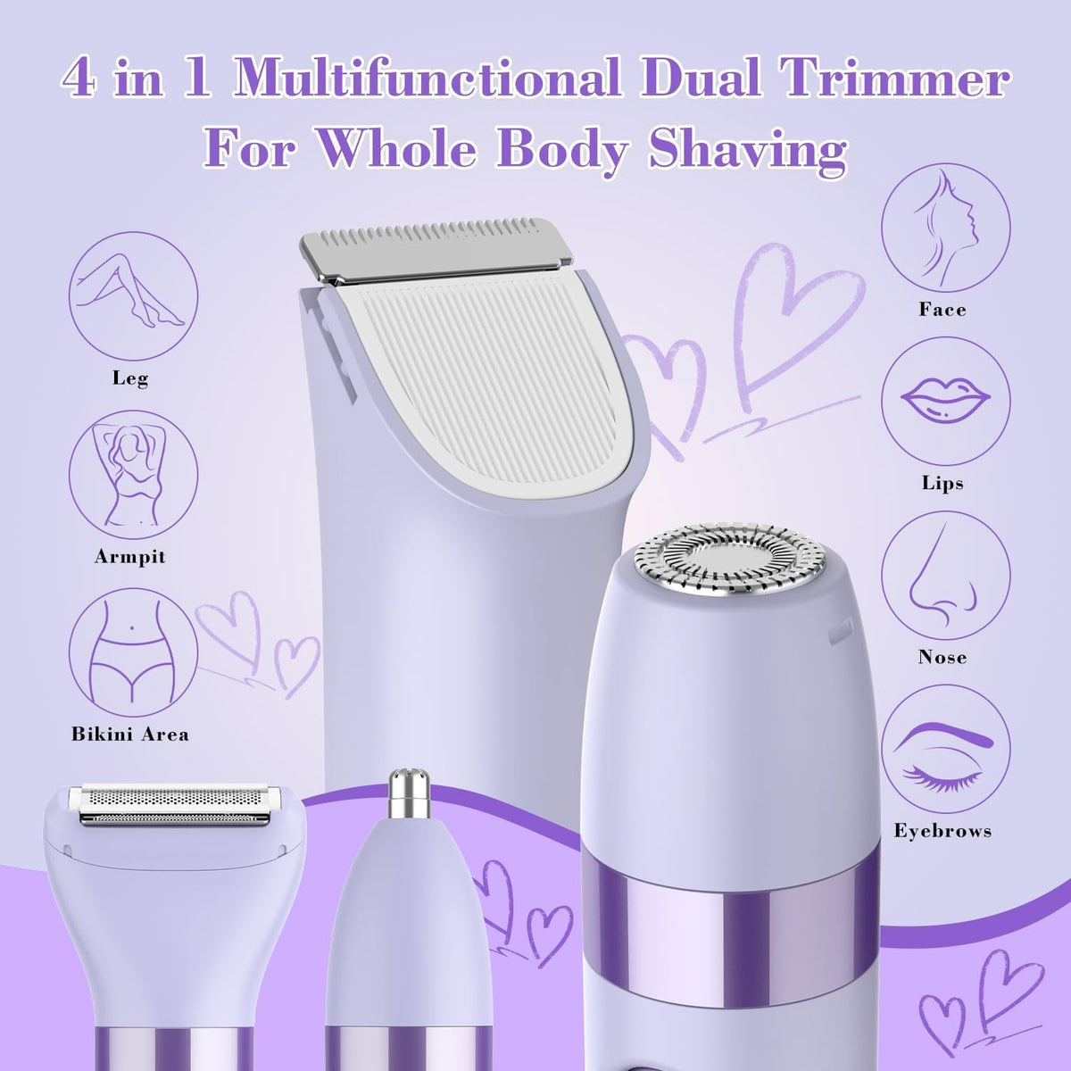 4-in-1 Women's Electric Razor, | Head Body Hair Trimmer for Women